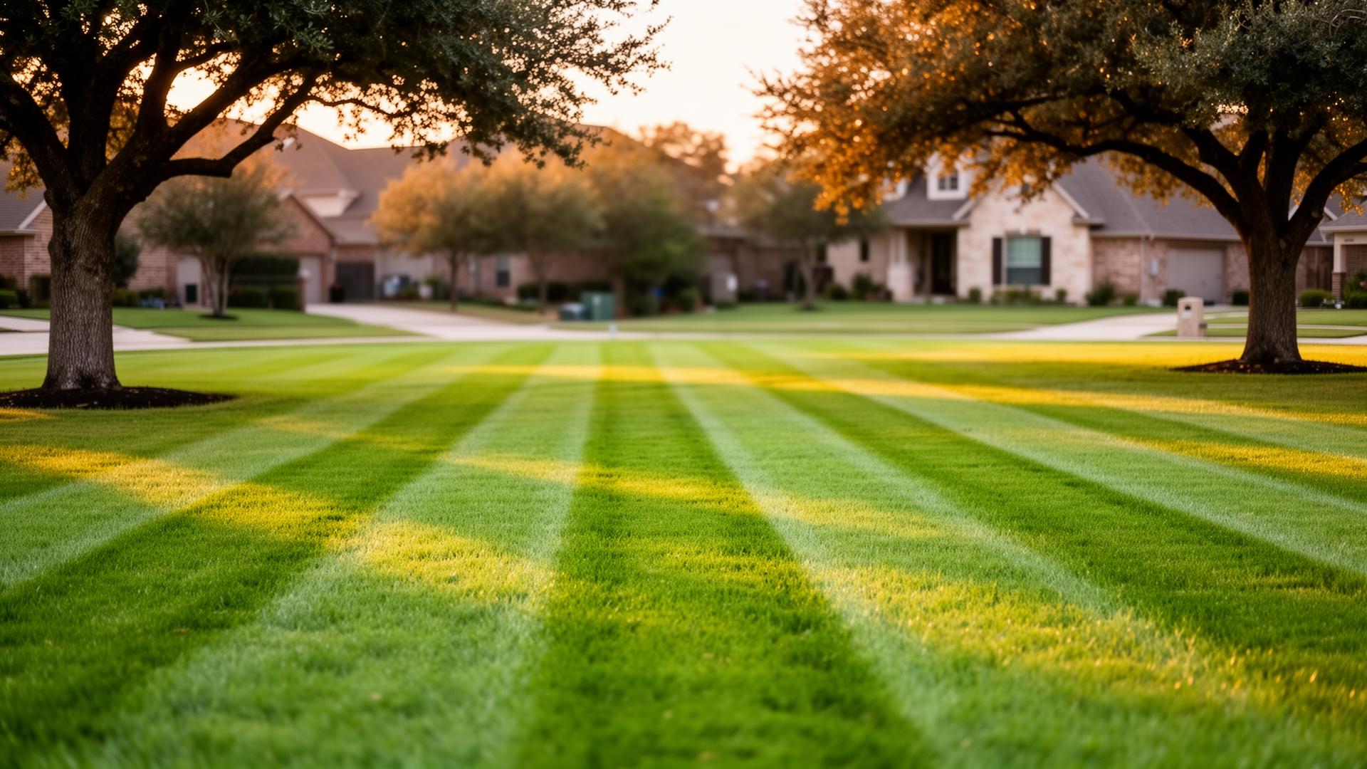 Freshly mowed residential lawn in Forney, TX at golden hour with mature oak trees